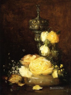Silver Chalice with Roses impressionist still life Julian Alden Weir Oil Paintings
